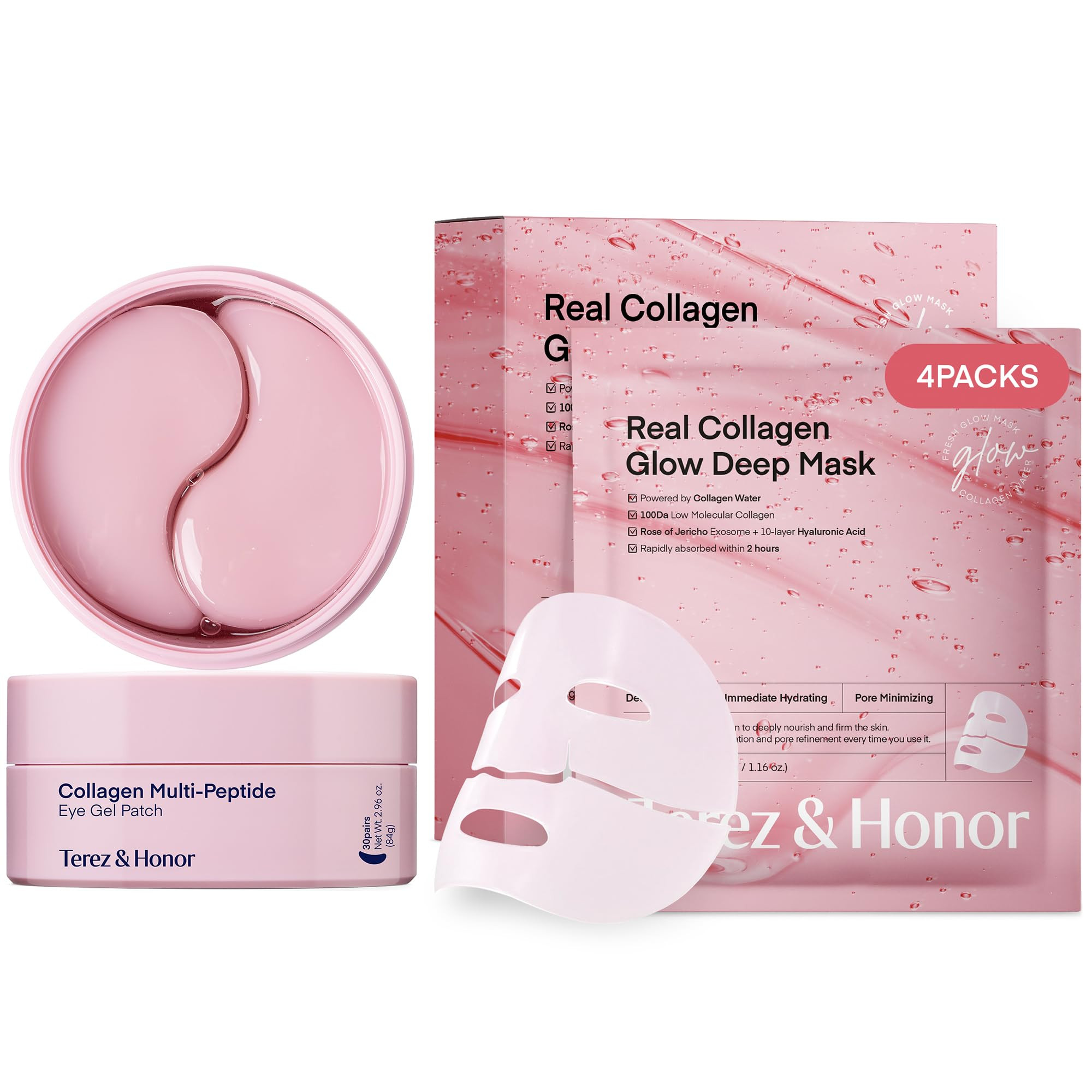 Terez & Honor Collagen Face Mask 4-Pack & Eye Patches 60 Pcs Hydrogel Set - Korean Self Care for ... | Amazon (US)