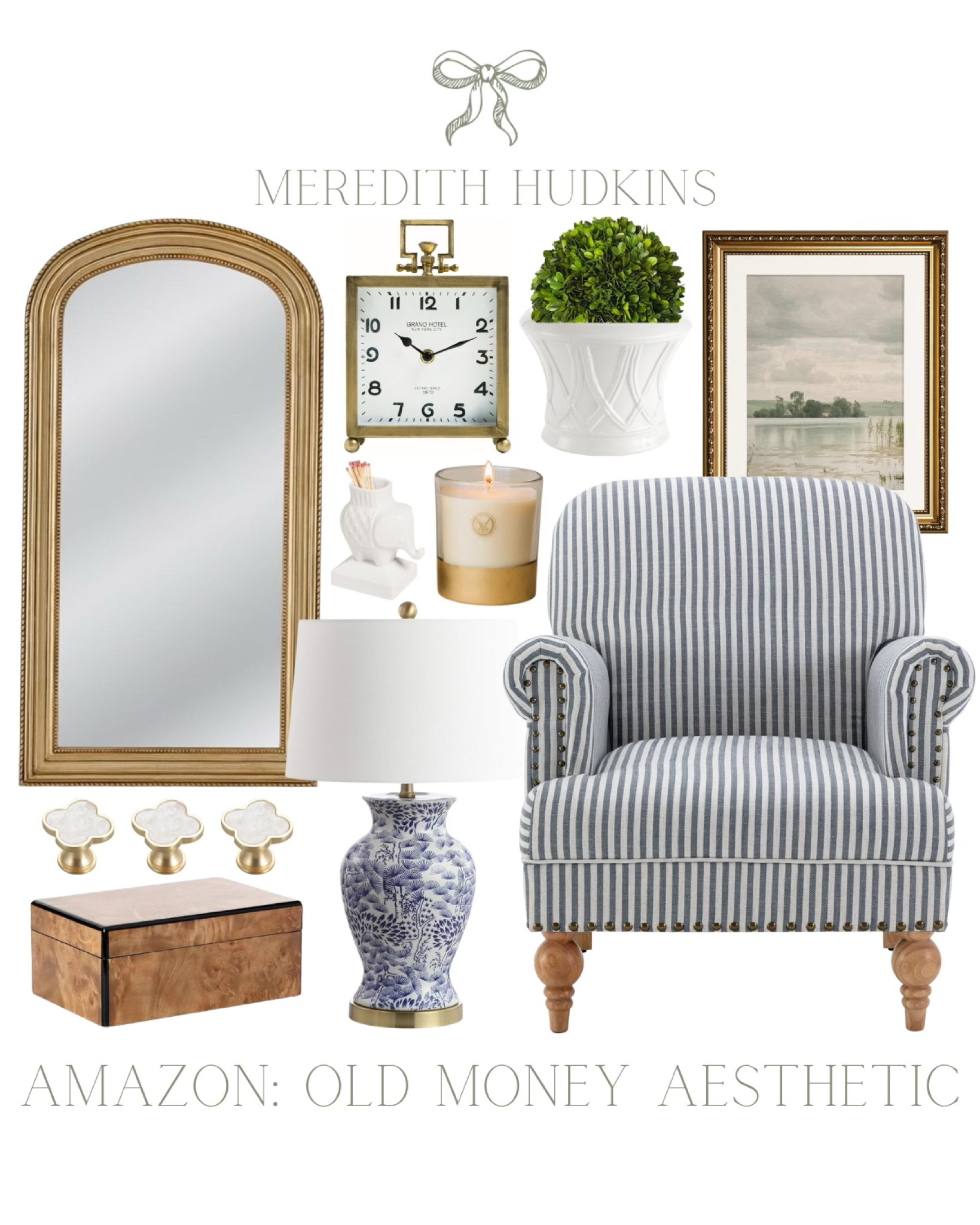 meredith hudkins, preppy home, home decor, traditional style, upholstered chair, accent chair, blue and white stripe chair, gold arched mirror, burlwood box, decorative box, framed art, clock, candle, blue and white home, old money aesthetic, living 

#LTKHome #LTKSaleAlert #LTKFindsUnder50