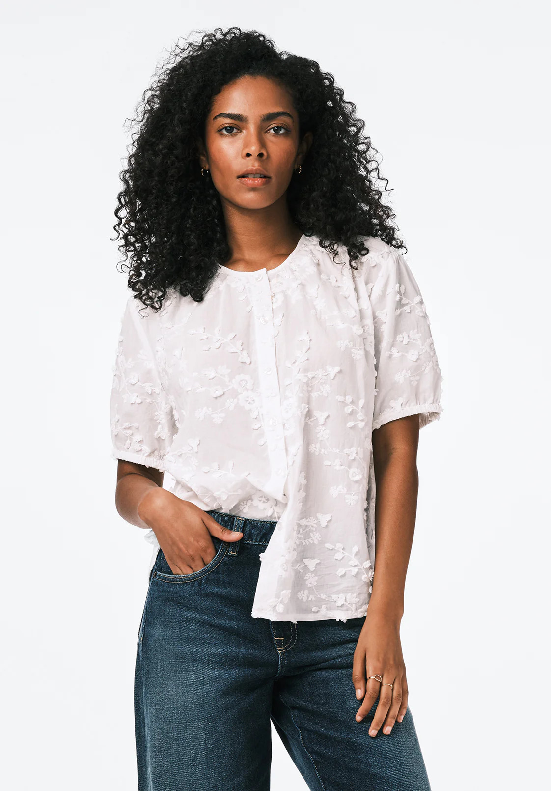 Titha Women's Embroidered Organza Blouse with Puff Sleeves, White - WT0209 | Buffalo David Bitton