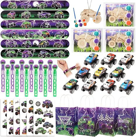 Vanblue 84 Pcs Monster Truck Party Favors Green Purple Truck Car Birthday Decorations Supplies Go... | Amazon (US)
