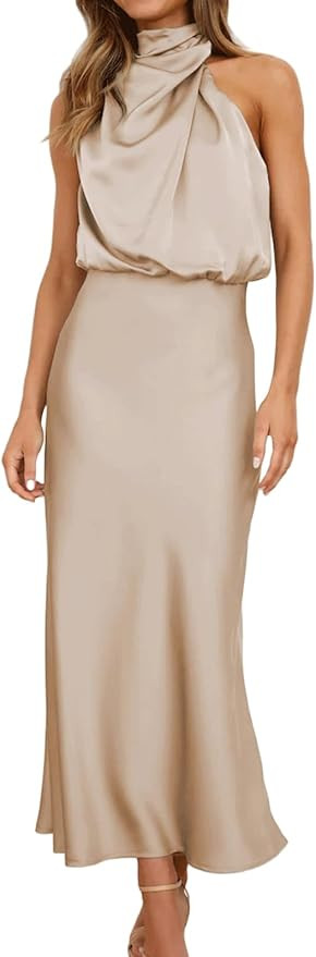 BZSFW Women's 2023 Summer Satin Dress Elegant Sleeveless Mock Neck Cocktail Party Maxi Dresses | Amazon (US)