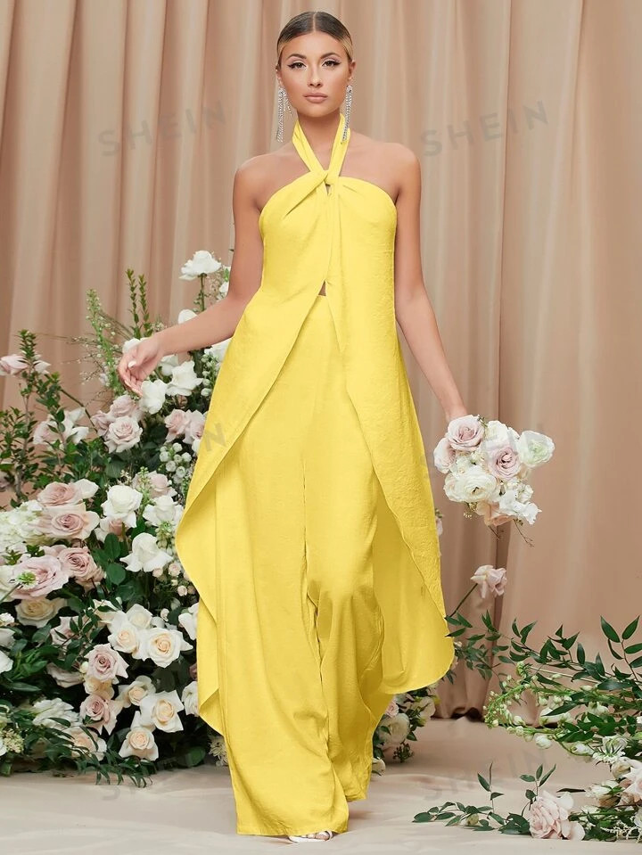 SHEIN Belle Open Back Asymmetrical Hem Halter Top & Palazzo Pants Set | SHEIN USA | SHEIN