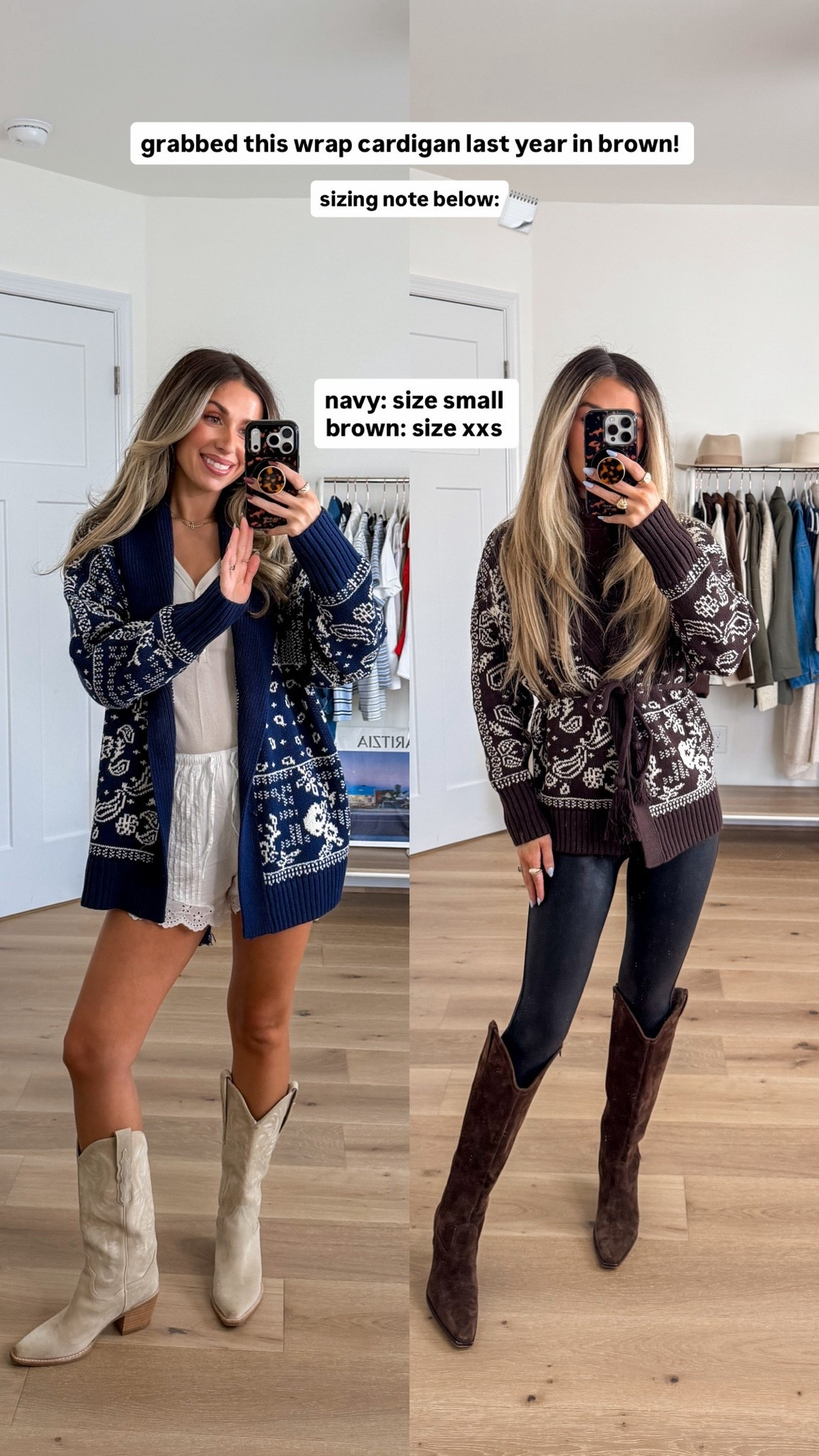 bandana print wrap cardigan styled two different ways! I love this for fall & winter! Sizing note on screen! I’m 5’2 for reference

#LTKootd #LTKPetite #LTKSeasonal