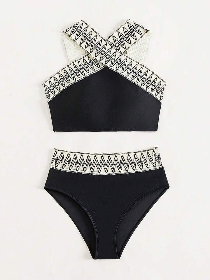Teen Girls Chevron Tape Crisscross Bikini Swimsuit | SHEIN