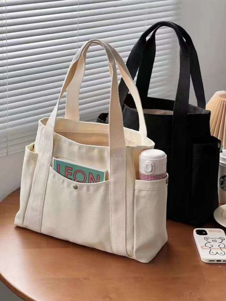 X Milania Women's Multi-Pocket Canvas Tote Bag, Large Capacity, Reusable, Canvas Tote Bag, Suitable For Daily Use And Travel, Student Handbag, Multi-Compartment Design, Ideal For Beach Use , Beach Bag | SHEIN