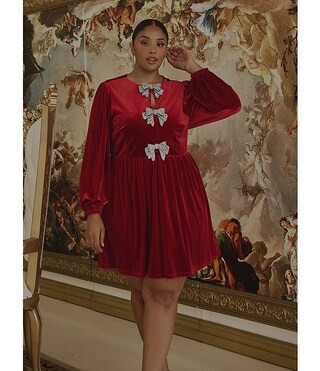 Plus Long Sleeve Bow Velvet Mini Dress | Dillard's