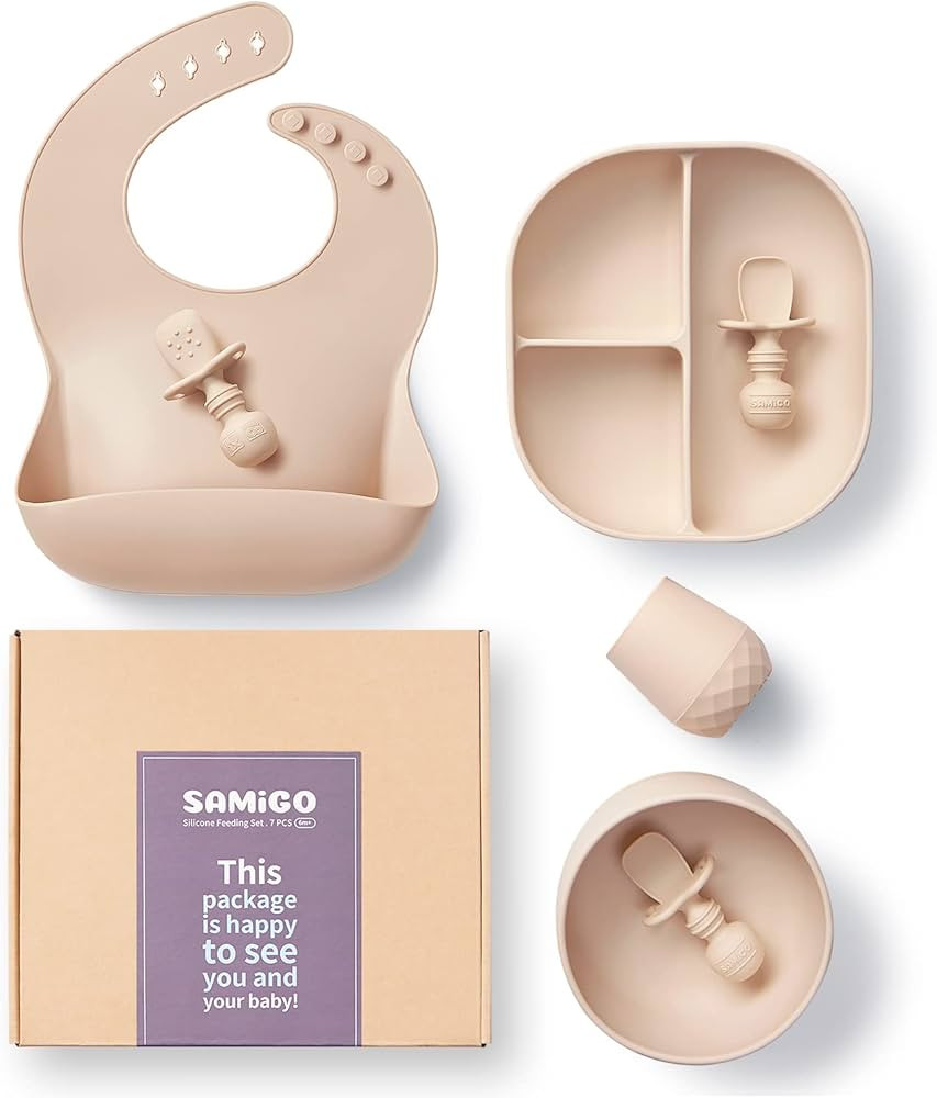 SAMiGO Baby Led Weaning Supplies - Silicone Baby Feeding Set - Suction Bowl Divided Plate Bib Cup... | Amazon (US)