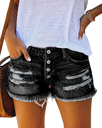 MIFOCAL Women's Ripped Denim Jean Shorts High Waisted Cotton Ladies Black Shorts | Amazon (US)