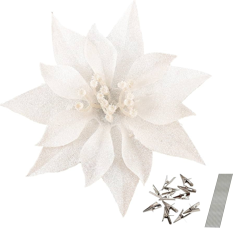 12 Pcs Artificial Christmas Flowers White Christmas Ornaments for Tree Decoration with Clips Stem... | Amazon (US)
