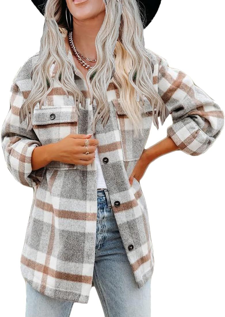 Haellun Womens Wool Blend Plaid Flannel Button Down Shirts Jacket Shacket Coats | Amazon (US)