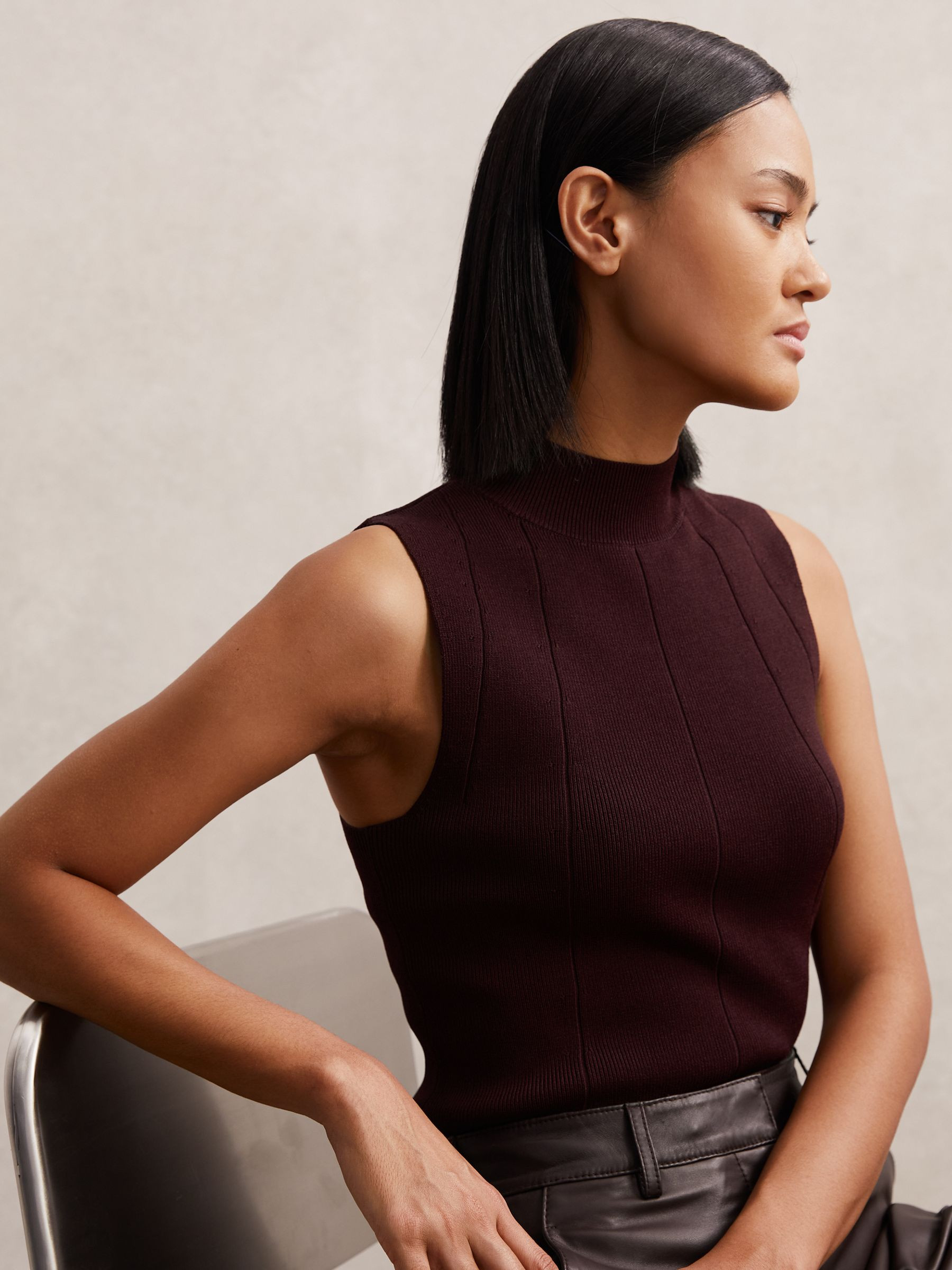 High Neck Sleeveless Top in Burgundy | Reiss UK