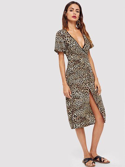 SHEIN Contrast Tipping Leopard Print Wrap Dress | SHEIN