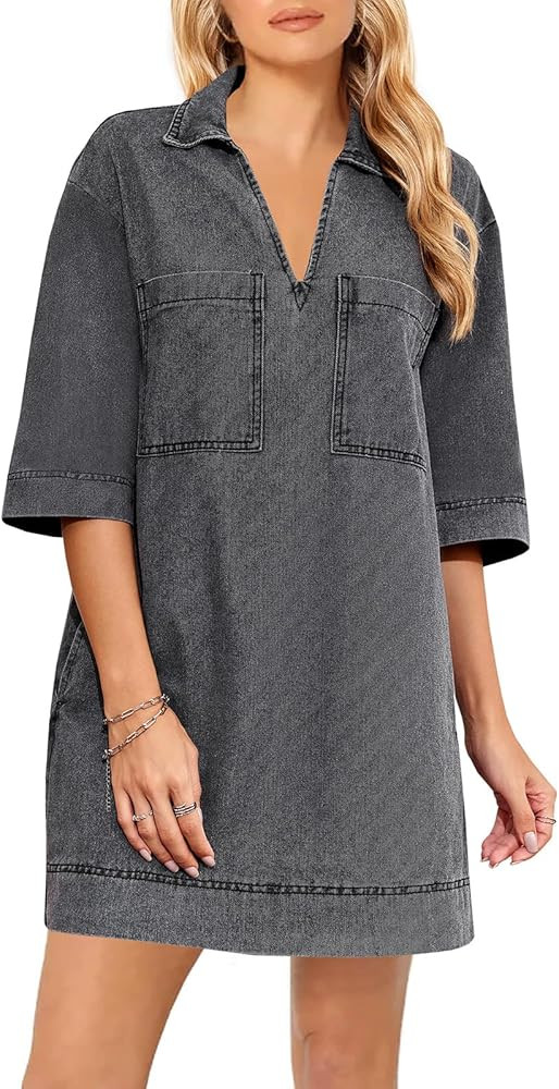Fisoew Womens Denim Shirt Dress Summer Collared V Neck Mini Casual Jean Dresses with Pockets Ligh... | Amazon (US)