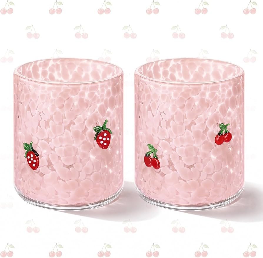 2 Pcs Strawberry Cherry Icon Juice Glass 14 oz Fruit Reusable Stemless Icon Drinking Glasses Cups... | Amazon (US)