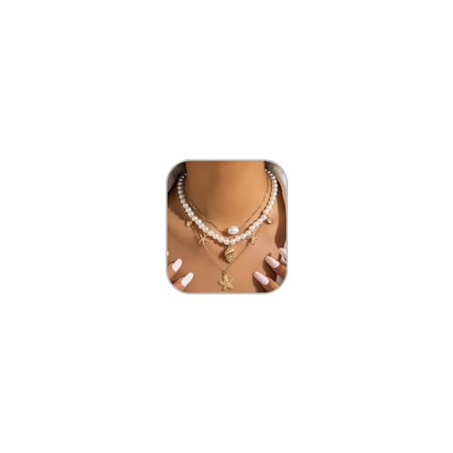 LKingel Gold Starfish Necklaces for Women Sea Shell Mermaids Necklaces Mermaid Beach Charm Necklace Mermaids Shell Beaded Choker Necklace Trendy Summer Jewelry(style1) | Amazon (US)