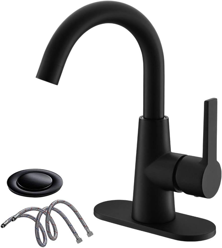 Matte Black Single-Handle 4 Inch Bathroom Sink Faucet with Deck Plate and Supply Hoses, Bar Sink ... | Amazon (US)