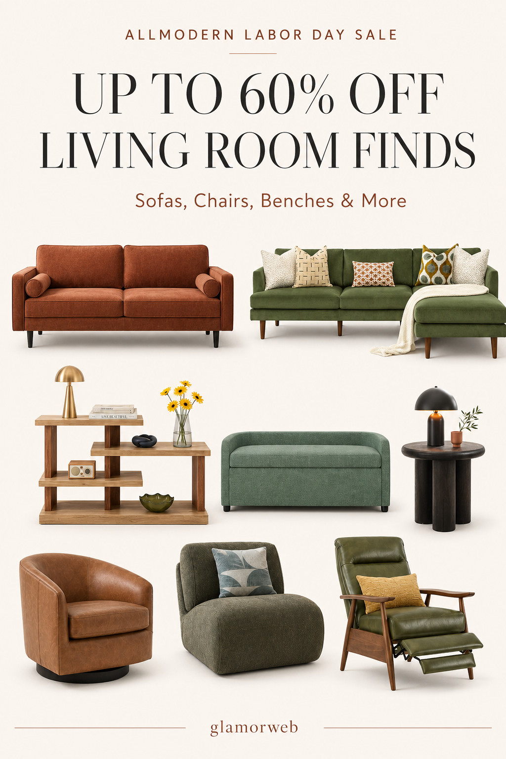 Found some seriously good AllModern Labor Day Sale picks for a fall living room refresh 🤎 So many modern furniture finds are up to 60% off, including cozy sofas, green sectionals, storage benches, statement lounge chairs, recliners, console tables, end tables and more. I love how these pieces mix warm wood, olive green, cognac and soft neutrals for that clean designer look without feeling too fussy. Such a good time to grab those bigger home pieces while the sale is still on.

#AllModern #AllModernSale #LaborDaySale #LaborDayDeals #LaborDayFurnitureSale #LivingRoomFurniture #LivingRoomFinds #LivingRoomRefresh #FallLivingRoom #FallHomeRefresh #SofaSale #SofaFinds #SectionalSofa #AccentChair #LoungeChair #ReclinerChair #StorageBench #ConsoleTable #EndTable #ModernFurniture #ModernLivingRoom #DesignerInspiredHome #FurnitureDeals #HomeDecorFinds #NeutralHome #CozyLivingRoom #FallHomeDecor #LTKHome #LTKFinds #HomeSale #FurnitureSale 

 #LTKSeasonal #LTKHome #LTKSaleAlert