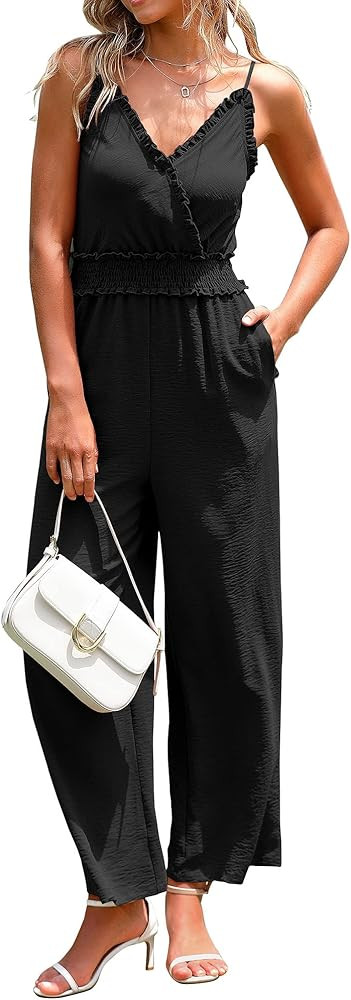 BTFBM Women Casual Summer Jumpsuits 2023 Sleeveless V Neck Spaghetti Strap Long Pants Rompers One... | Amazon (US)