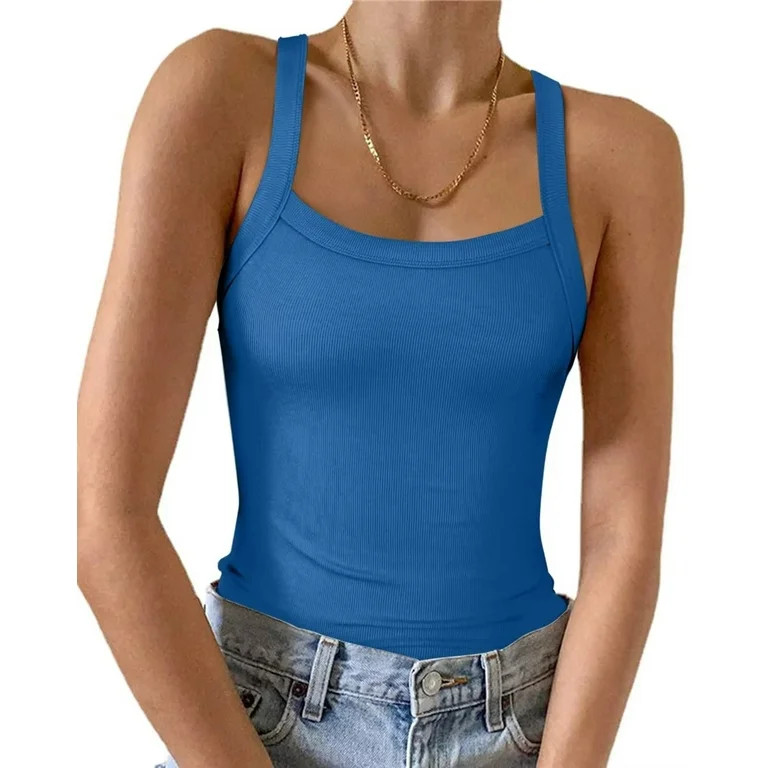 Vafful Womens Summer Sleeveless Racerback Casual Blue Basic Square Neck Camisole Ribbed Fitted Ta... | Walmart (US)