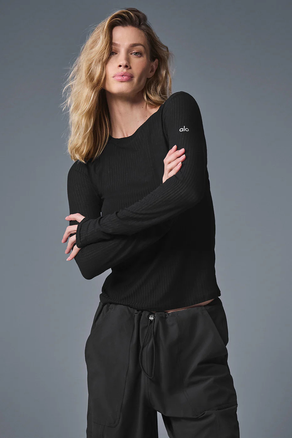 ALO | Ribbed Sea Coast Long Sleeve Top in Black, Size: Small | Alo Yoga