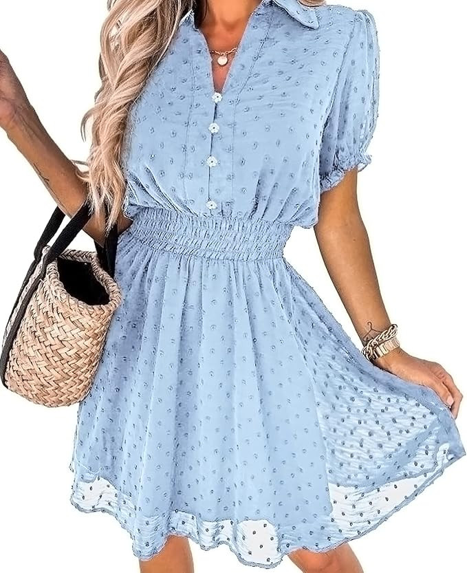 PRETTYGARDEN Women's Summer Dress Casual V Neck Short Sleeve Swiss Dots Elastic Waist A-line Flow... | Amazon (US)