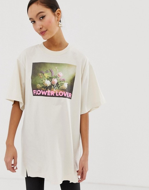 Monki Flower Lover oversized organic cotton t-shirt in beige | ASOS US