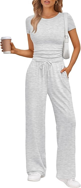 Trendy Queen 2 Piece Matching Summer Sweatsuit Lounge Set Womens Wide Leg Pants Side Ruching Crop... | Amazon (US)