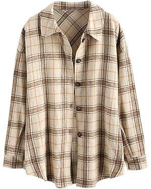 ZAFUL Women's Plaid Long Sleeve Shirt Button Down Wool Blend Thin Jacket Casual Blouse Tops with ... | Amazon (US)
