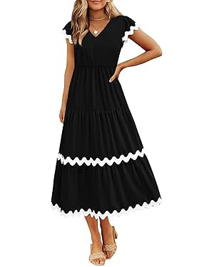 BTFBM Womens Summer Dresses 2024 V Neck Cap Sleeve Ric Rac Loose Tiered A-Line Beach Vacation Mid... | Amazon (US)