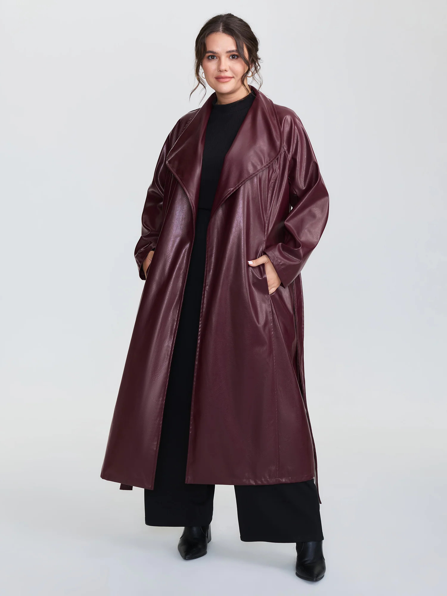 Leather Belted Waist Long Coat | Bloomchic