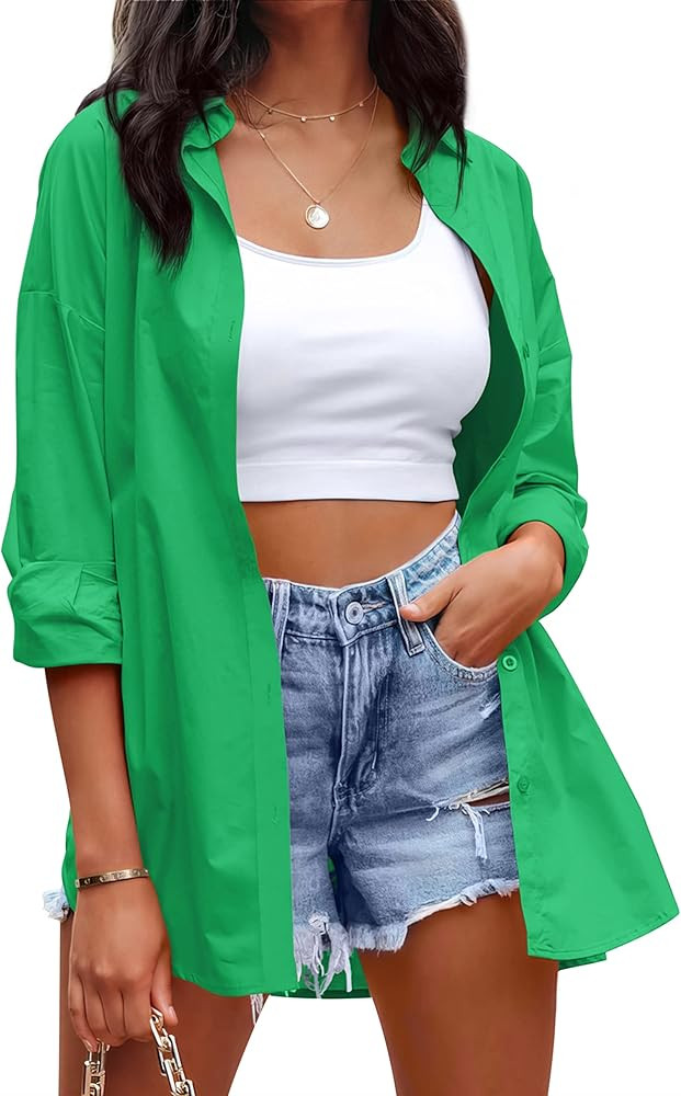 OMSJ Womens Dressy Button Down Shirts Casual Long Sleeve V Neck Candy Color Blouse Loose Fit Tops | Amazon (US)