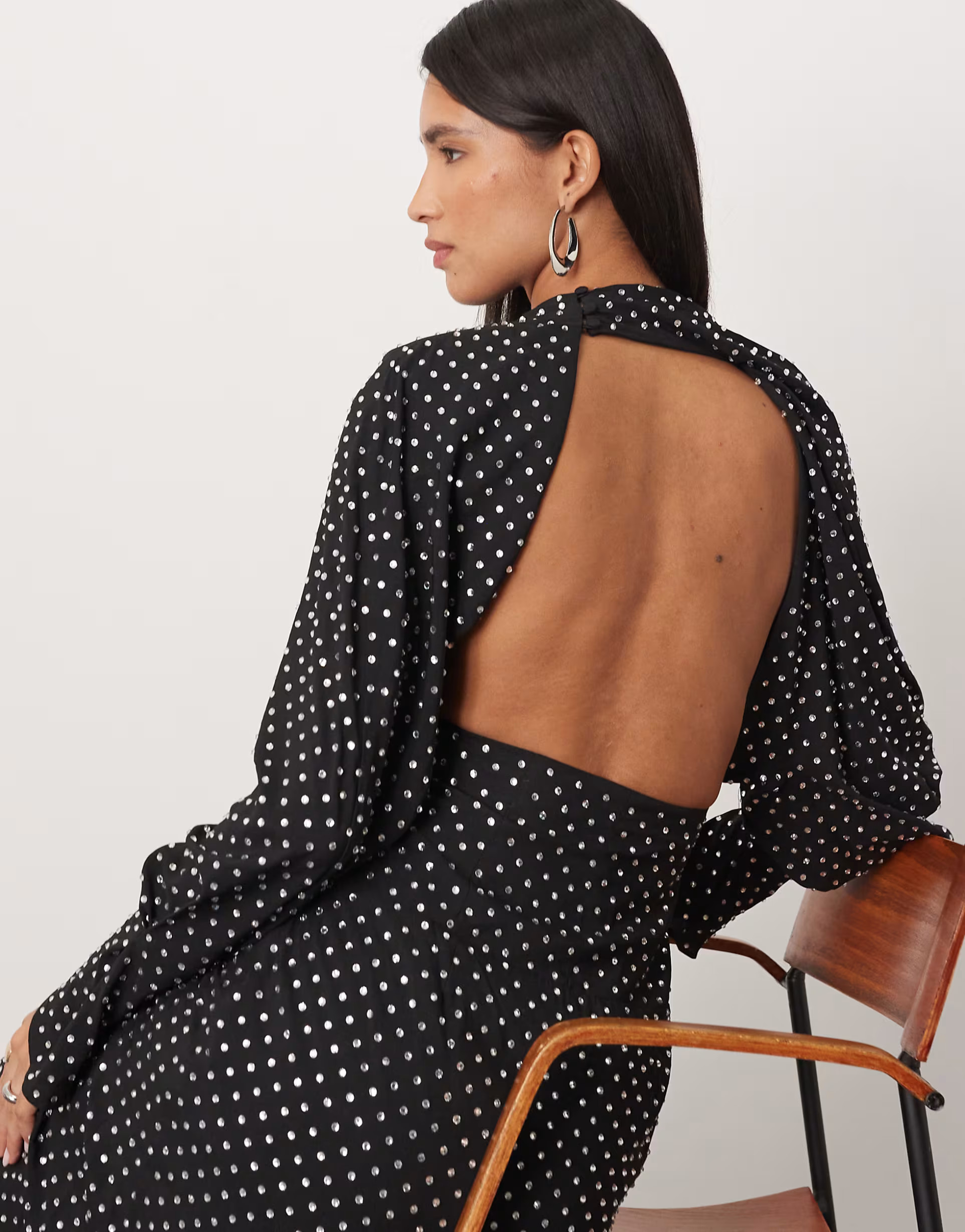 ARRANGE rhinestone embellished drape neck strong shoulder maxi dress with open back in black | ASOS (Global)