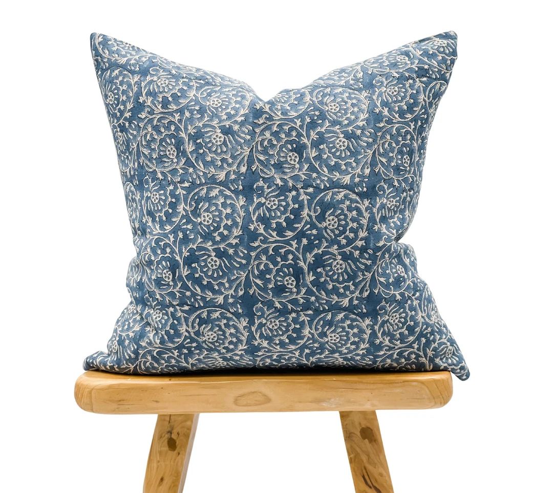 Designer Floral Indigo Blue on Natural Linen Pillow Cover, Blue Pillow Cover, Boho Pillow, Decora... | Etsy (US)