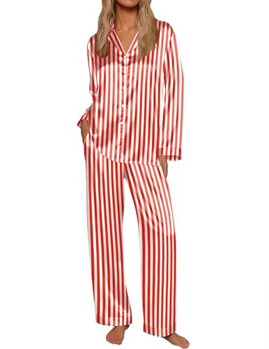 Ekouaer Silk Satin Pajamas for Women Button Down Pjs Set Long Sleeve Loungewear 2 Piece Wide Leg Sleepwear Red White Stripe XL | Amazon (US)