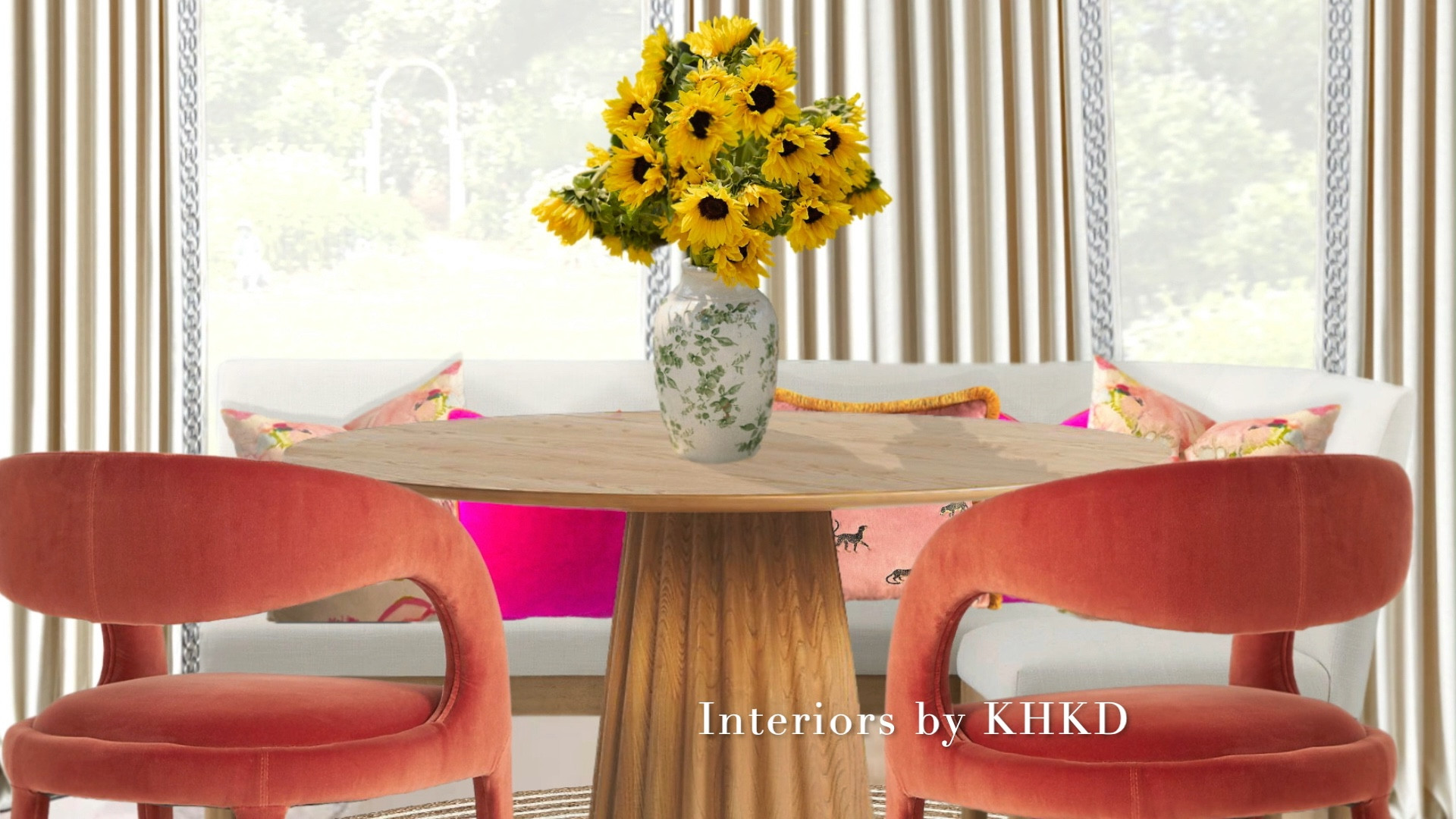 This cozy and chic breakfast nook is absolutely the place where you want to start your mornings in a cheerful mood thanks to rich-toned furnishings and barbie core-inspired pillows. The creamy white linen drapes, the crisp white dining banquette and the hand-braided jute/cotton rug ground the space with calming elegance. We wallpapered the ceiling to add a little bit drama and fashion-forward vibe. #diningroom #falldecor #barbiecore

#LTKhome #LTKfamily #LTKFind