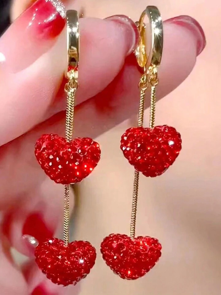 2pcs Luxury Metal Studded Heart Shaped Dangle Earrings For Women, Elegant Party & Festival Gifts ... | SHEIN