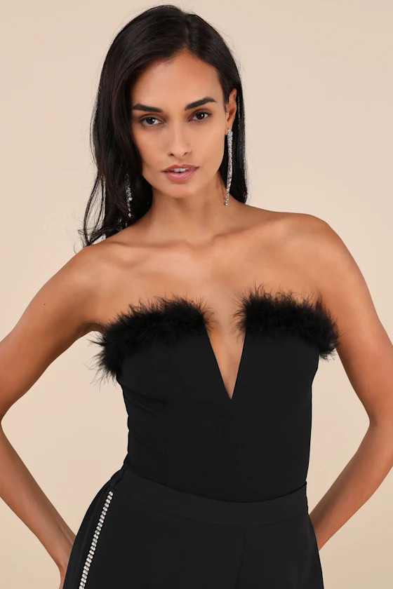 Desirable Aesthetic Black Feather Strapless Bodysuit | Lulus