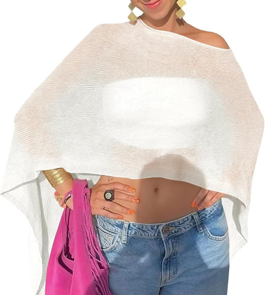 Fisoew Womens Sheer Poncho Top Lightweight Knit Bolero Shrug Mesh Off The Shoulder Y2K Going Out ... | Amazon (US)