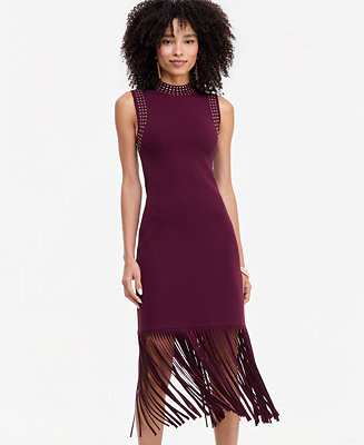 Women's Sleeveless Midi Fringe-Trim Sweater Dress | Macy's
