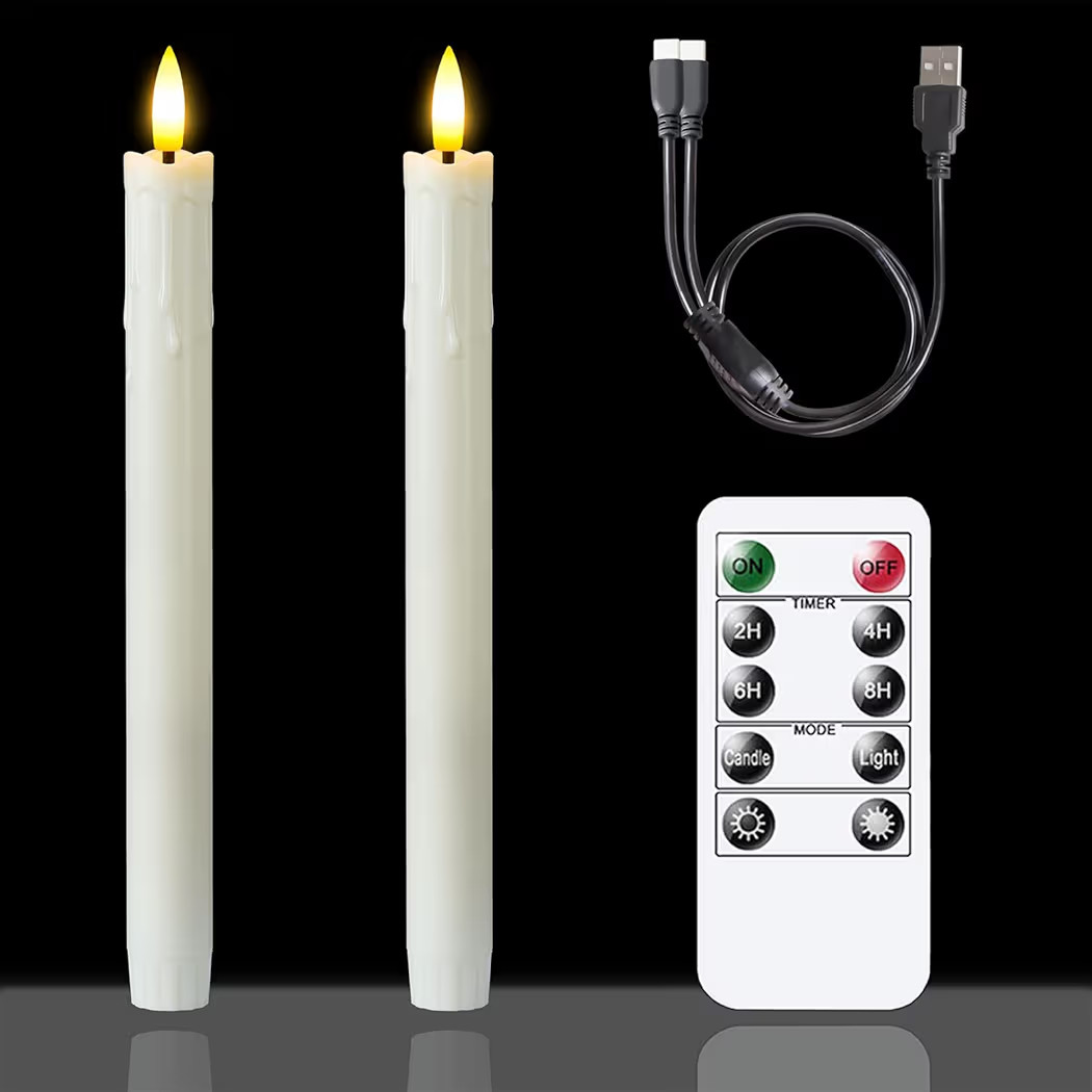 Rechargeable Flameless Timer Remote Taper Candles, 2pcs 0.86" x10" LED Flickering Dripping Wax Wi... | Amazon (US)
