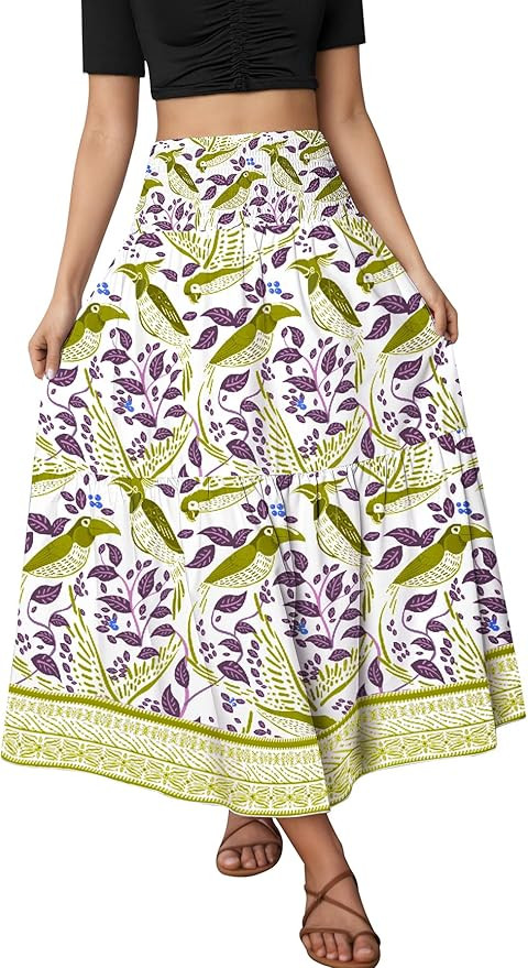 YHYJMY Women's Boho Skirt Elastic High Waist Pleated A-Line Flared Maxi Skirts Womens Flowy Long ... | Amazon (US)