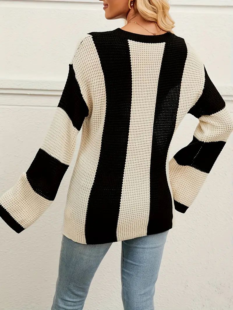 Color Block Crew Neck Sweater, elegant Long Sleeve Loose Sweater For Spring & Fall, Women's Cloth... | Temu Affiliate Program