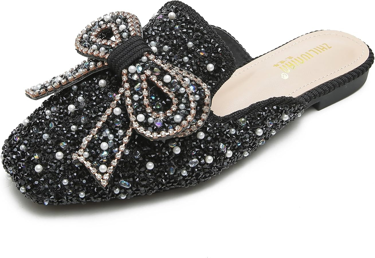 SANIOOOI Women's Pearl Rhinestone Bow Mules,Glitter Square Toe Slip on Flat Ladies Sparkly Baotou... | Amazon (US)