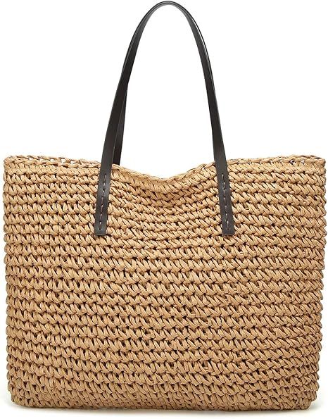 Straw Bag For Women, Summer Beach Bags Solid Color Womens Straw Purse Big Tote With Pom Poms | Amazon (CA)