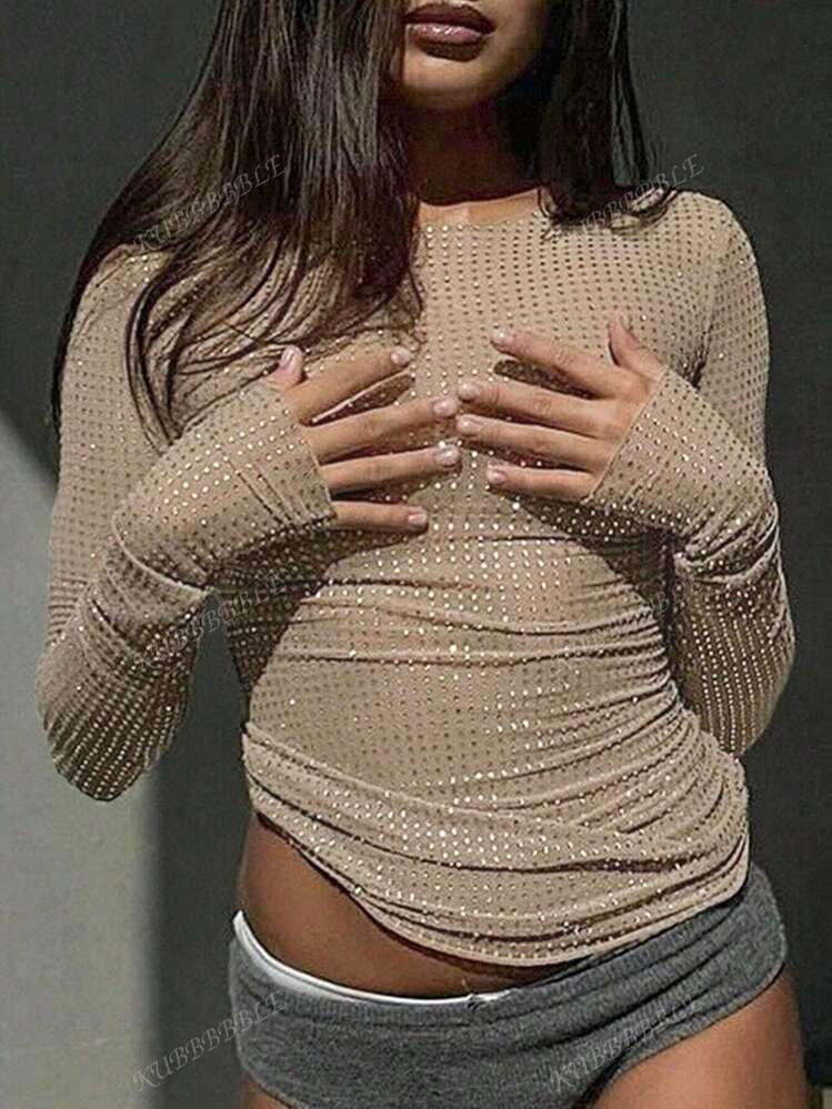 Y2K Sparkling Beaded Crew Neck Long Sleeve Slim Fit Mesh T-Shirt Going Out Tops | SHEIN