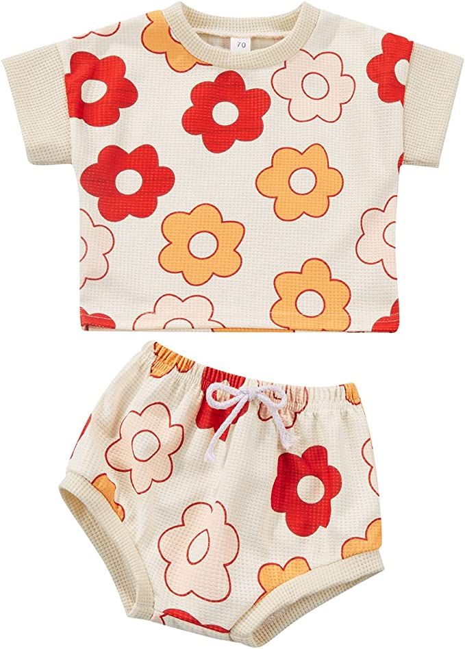 Baby Girls Outfit Set Summer Flower Printing Short Sleeve T-Shirt Tops + Elastic Waist Shorts Set | Amazon (US)