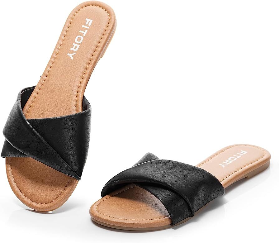 FITORY Women's Flat Sandals Fashion Slides With Soft Leather Slippers for Summer Black Size 6-11 | Amazon (US)
