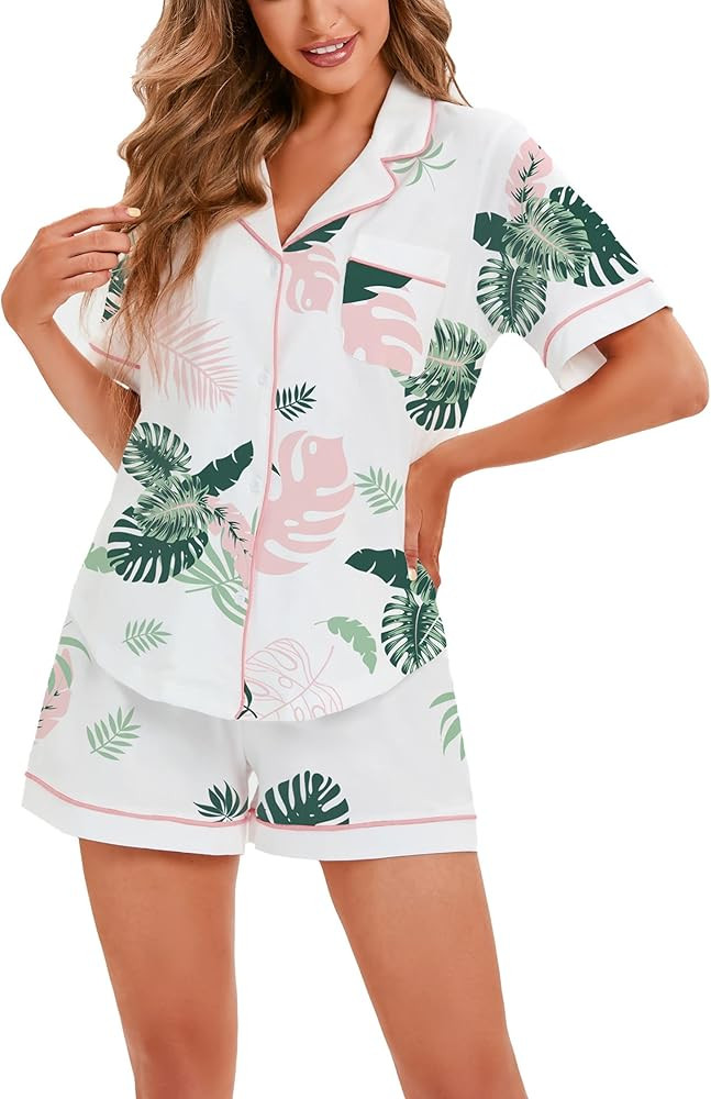 LUBOT 100% Cotton Pajamas for Women 2 Piece PJ Set Button-Down Soft Knit Short Sleeve Summer Slee... | Amazon (US)
