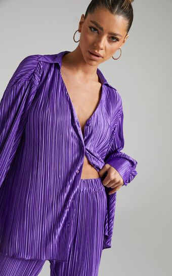 Beca Plisse Button Up Shirt in Purple | Showpo (US, UK & Europe)