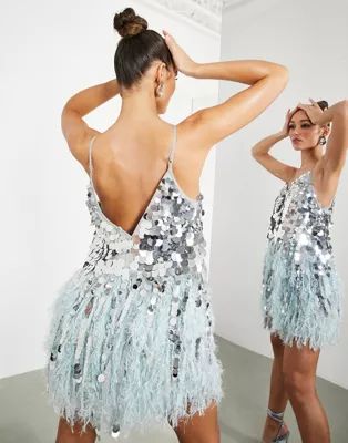 ASOS EDITION paillette sequin mini dress with feather hem in silver and blue | ASOS (Global)